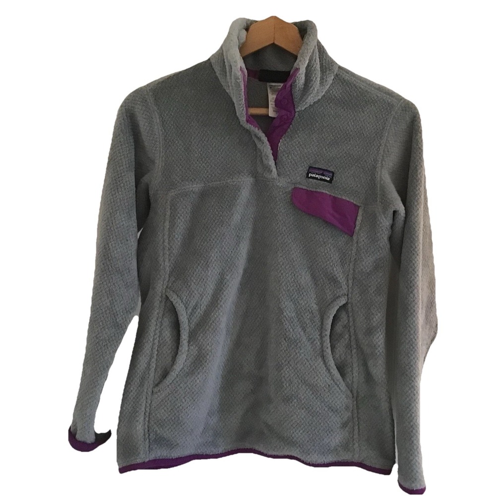 Patagonia Women's 1/4 Snap T Fleece Sweater Sz Small Gray Purple Trim Polartec